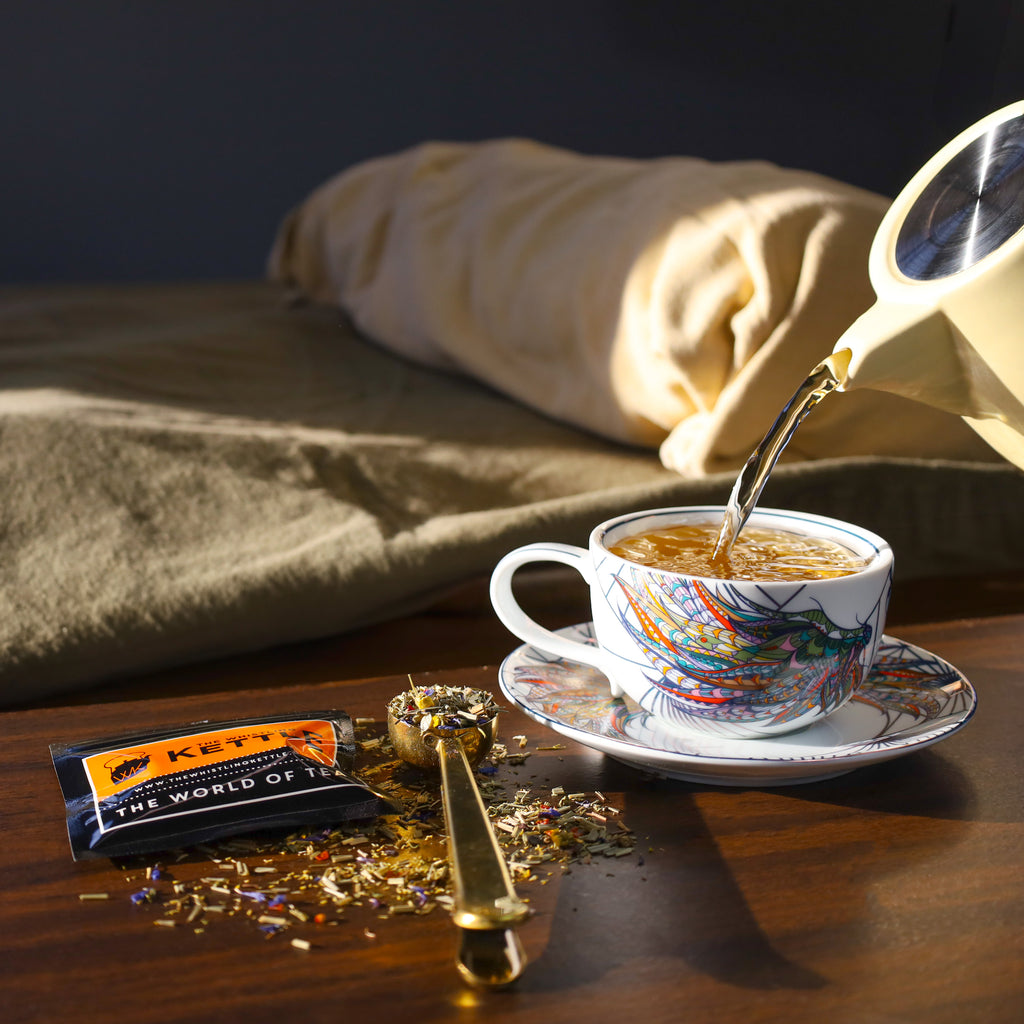 Sleep Tight being poured into Cup & Saucer set on bedside table