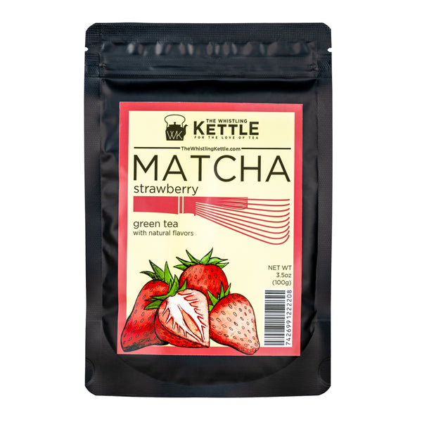 The Whistling Kettle Strawberry Matcha green tea in a black 3.5-ounce package