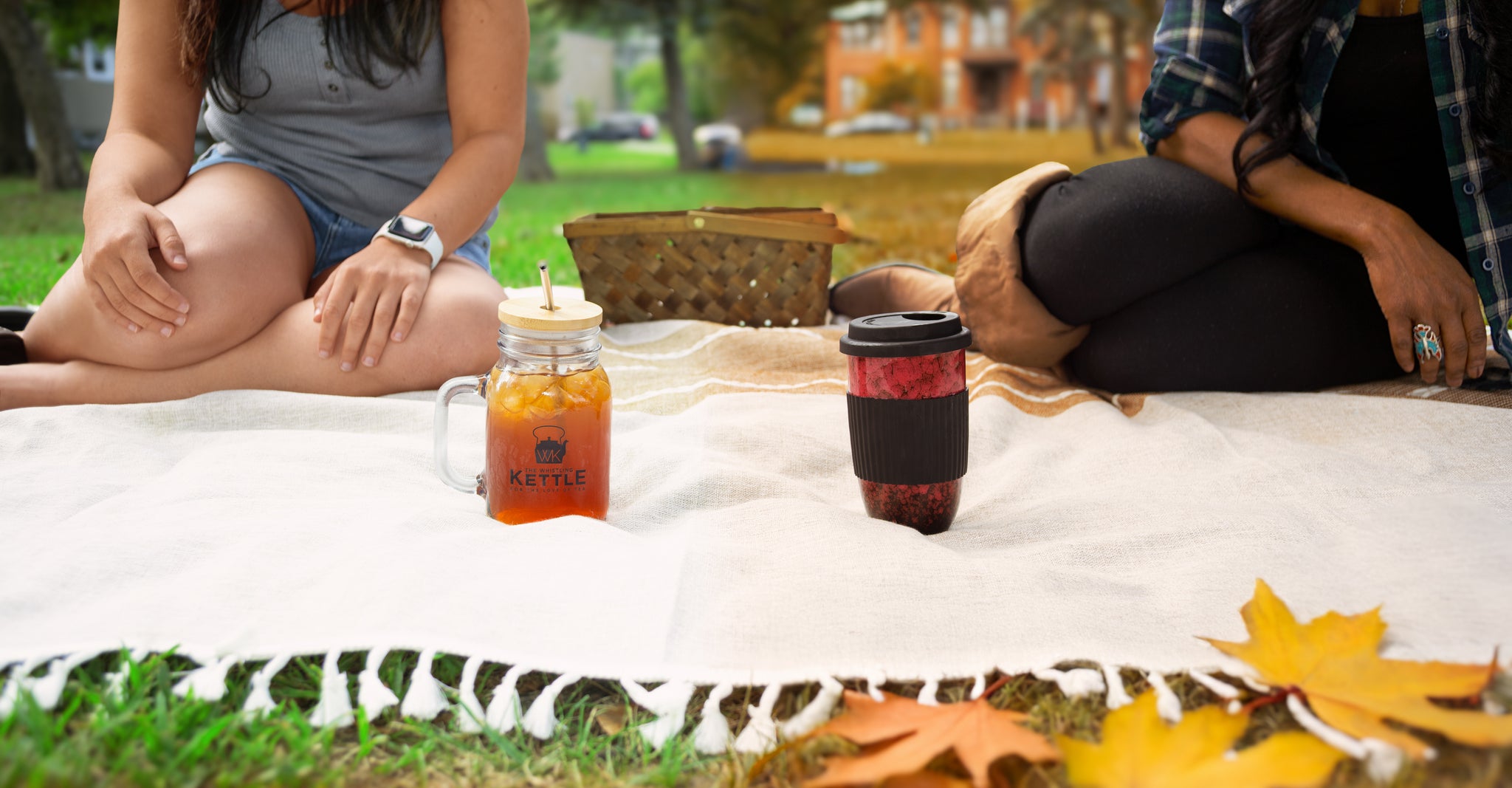 Two friends sit on a blanket in a park. The left side is summer-themed, the woman wearing shorts, short sleeves, and has a glass of iced tea. The right side is fall-themed, with the woman wearing boots, a flannel, and has a mug of hot tea.