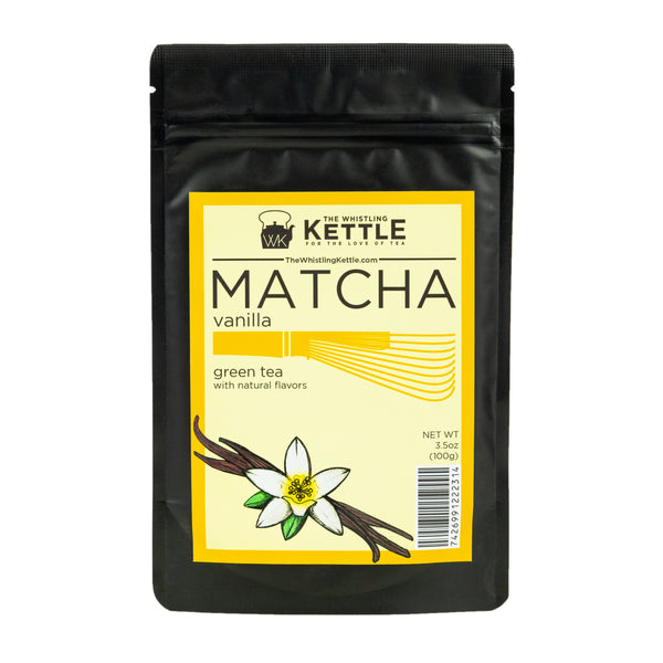 The Whistling Kettle Matcha Vanilla green tea in a 3.5 oz resealable pouch featuring ceremonial matcha with vanilla
