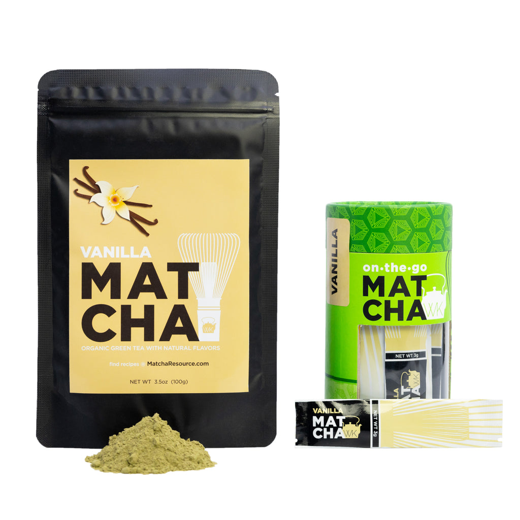 3.5 oz bag of organic naturally flavored vanilla matcha next to a canister of vanilla matcha sachets.