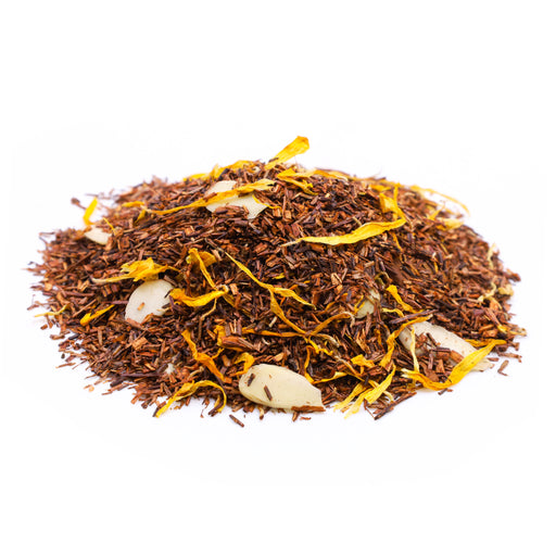 Side mound picture of The Whistling Kettle Vanilla Rooibos tea with almond slices and calendula petals.