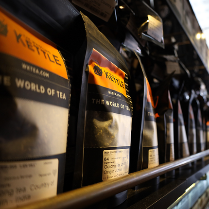 Bags of tea on display at The Whistling Kettle's tea bar