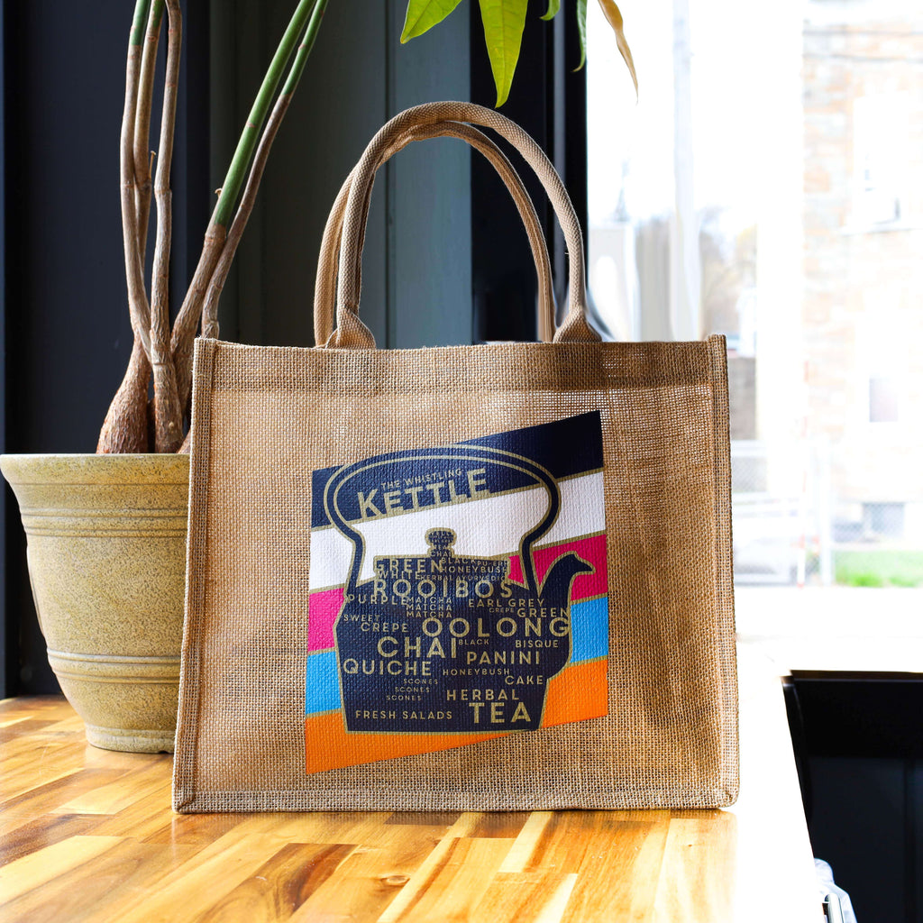 The Whistling Kettle Product Jute Tote Bag