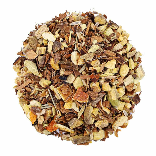 Top mound shot of The Whistling Kettle Anti-Strain tea with Cinnamon, Licorice Root, Ginger, Fennel, Orange Peel, and Cardamom pieces.
