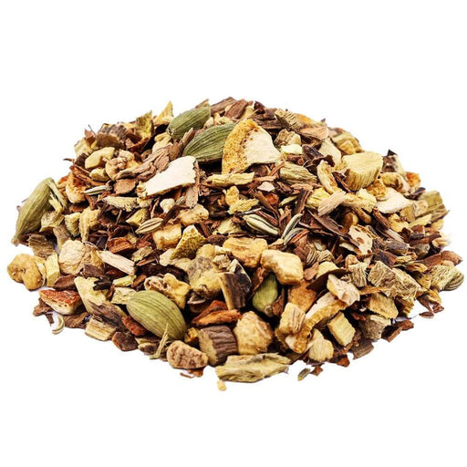 Side mound shot of The Whistling Kettle Anti-Strain tea with Cinnamon, Licorice Root, Ginger, Fennel, Orange Peel, and Cardamom pieces.