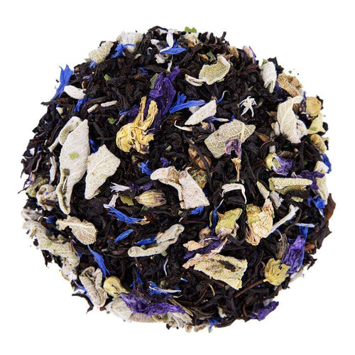 Top mound picture of The Whistling Kettle Blackberry Sage tea with sage, blackberry leaves, cornflower, and mallow petals.