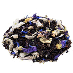 Side mound picture of The Whistling Kettle Blackberry Sage tea with sage, blackberry leaves, cornflower, and mallow petals.