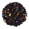 Top mound picture of The Whistling Kettle Blend 1776 black tea with cornflower, safflower, and jasmine petals.
