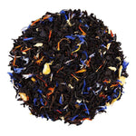 Top mound picture of The Whistling Kettle Blend 1776 black tea with cornflower, safflower, and jasmine petals.