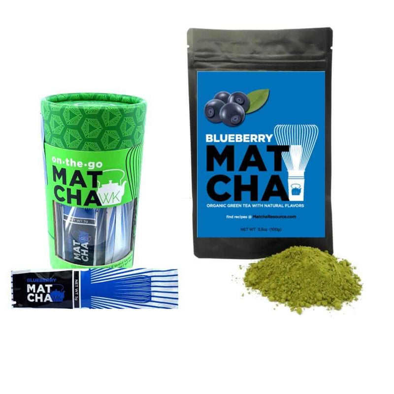 3.5 oz bag of organic naturally flavored matcha next to a canister of blueberry matcha sachets.