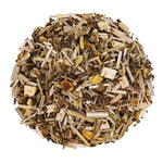Top mound picture of The Whistling Kettle Calming tea with Tusli holy basil, lemongrass, and orange peel.