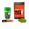 3.5 oz bag of organic, naturally flavored matcha next to a canister of chai matcha sachets.