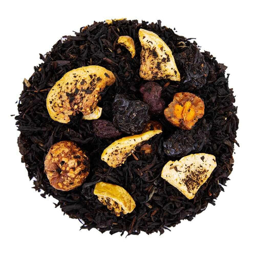 Above mound picture of The Whistling Kettle's Cherry Fig black tea with dried cherries and figs.