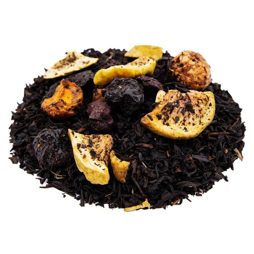 Side mound picture of The Whistling Kettle's Cherry Fig black tea with dried cherries and figs.