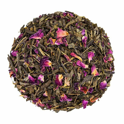 Top mound picture of The Whistling Kettle Cherry Rose green tea with rose petals.