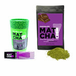 3.5 oz bag of organic, naturally flavored chocolate matcha next to a canister of chocolate matcha sachets.