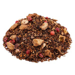 Side mound picture of The Whistling Kettle Chocolate Monkey rooibos tea with dried banana, cacao, and pink peppercorn.