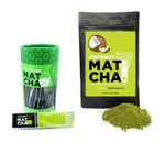 3.5 oz bag of organic naturally flavored coconut matcha next to a canister of coconut matcha sachets.