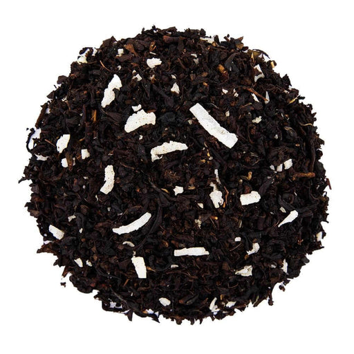 Top mound picture of The Whistling Kettle Coconut black tea with shredded coconut.