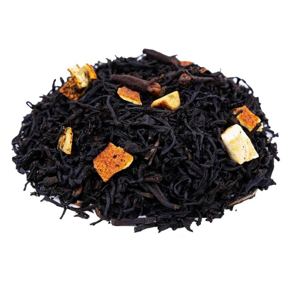 Side mound picture of The Whistling Kettle Decaf Cinnamon Chai black tea with clove and orange peel.