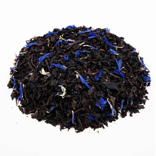 Side mound picture of The Whistling Kettle Decaf Earl Grey black tea with blue cornflowers.