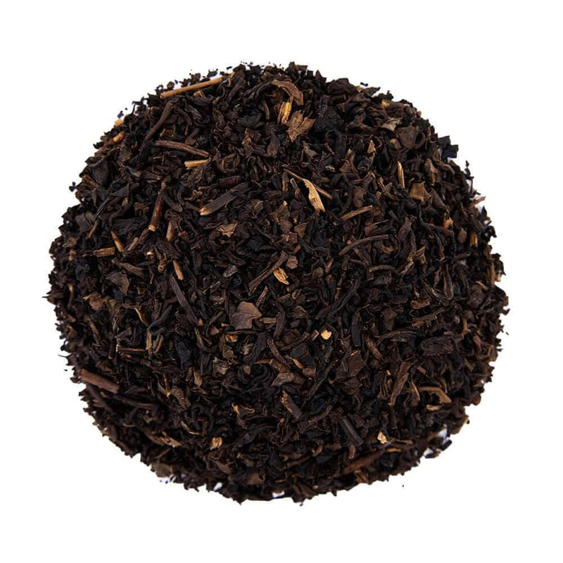 Top mound picture of The Whistling Kettle Decaf English Black tea leaves.