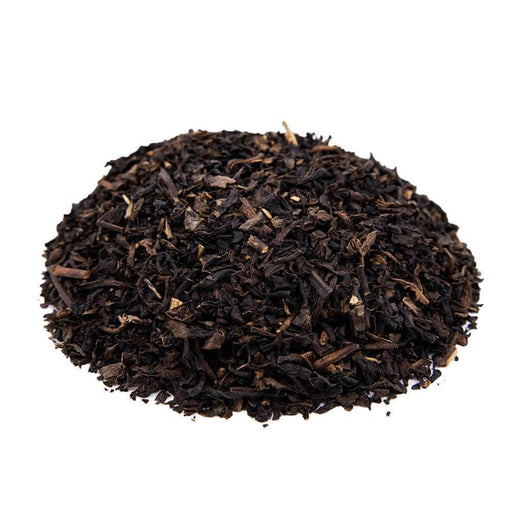 Side mound picture of The Whistling Kettle Decaf English Black tea leaves.