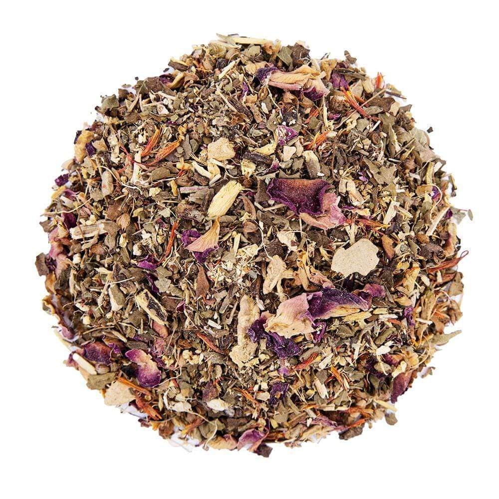 Top mound picture of The Whistling Kettle Detox tea with Organic Burdock root, Dandelion leaves, Licorice, Tulsi (Holy Basil), Rose petals, Safflower petals, Ginger, and Elder flowers.