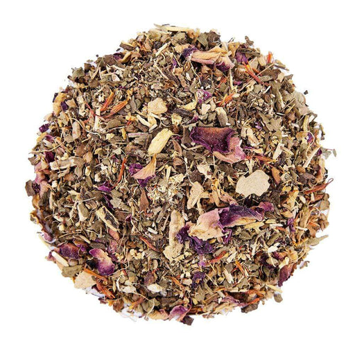 Top mound picture of The Whistling Kettle Detox tea with Organic Burdock root, Dandelion leaves, Licorice, Tulsi (Holy Basil), Rose petals, Safflower petals, Ginger, and Elder flowers.