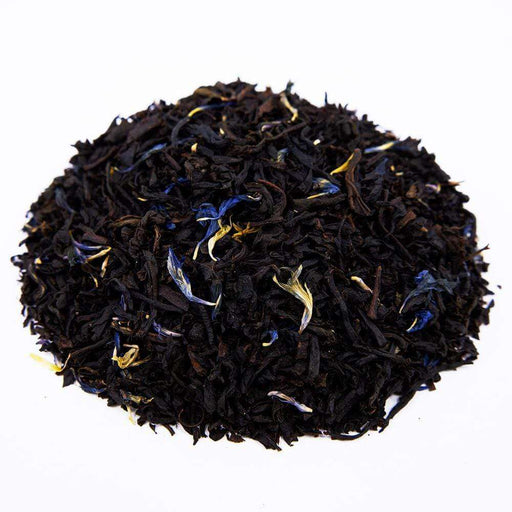 Side mound picture of The Whistling Kettle Earl Grey black tea with bergamot and cornflowers.