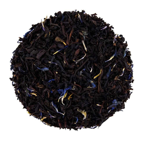 Top mound picture of The Whistling Kettle Earl Grey black tea with bergamot and cornflowers.