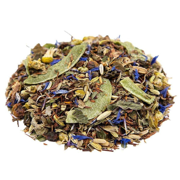 Side mound picture of The Whistling Kettle Forest and Sea Chaga tea with rooibos, chaga, fennel seeds, and candied aloe vera.