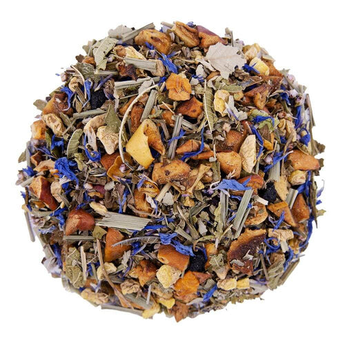 Top mound picture of The Whistling Kettle Ginger Blueberry tea with ginger, lemongrass, blueberries, and blue cornflowers.