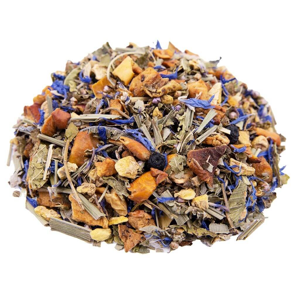 Side mound picture of The Whistling Kettle Ginger Blueberry tea with ginger, lemongrass, blueberries, and blue cornflowers.