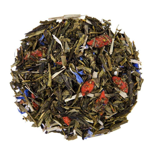 Top mound picture of The Whistling Kettle Gojiberry Blueberry Pomegranate green tea with dried gojiberries, pomegranate seeds and blue cornflowers.