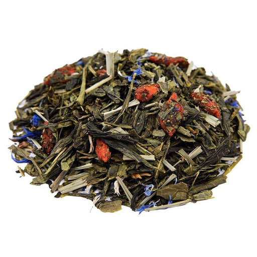 Side mound picture of The Whistling Kettle Gojiberry Blueberry Pomegranate green tea with dried gojiberries, pomegranate seeds and blue cornflowers.