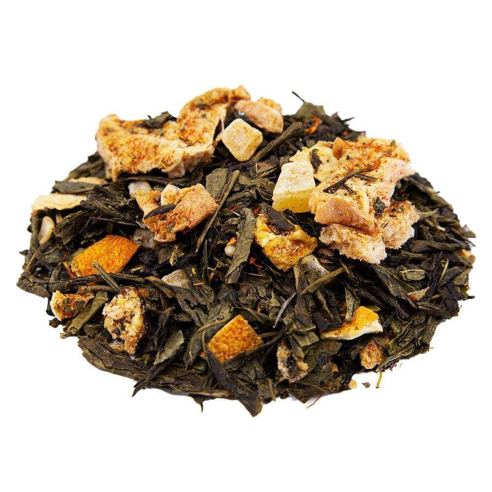 Side mound picture of The Whistling Kettle Golden Starfruit green tea with dried fruit. 