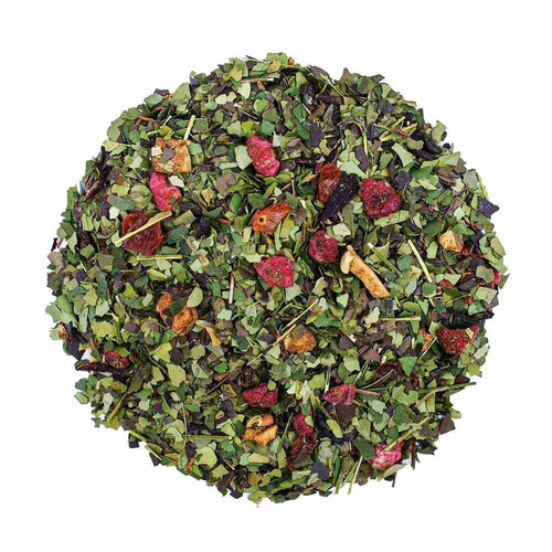 Top mound picture of The Whistling Kettle Happy tea with guayusa herbal tea and dried fruits.