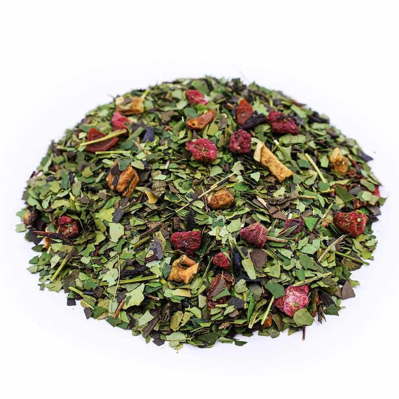 Side mound picture of The Whistling Kettle Happy tea with guayusa herbal tea and dried fruits.