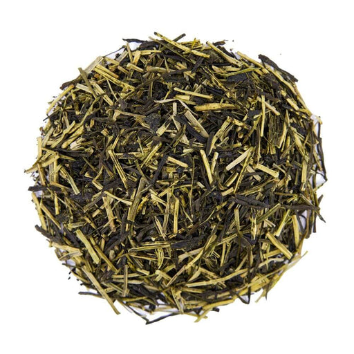 Top mound picture of The Whistling Kettle Kukicha green tea with light and dark green stems.