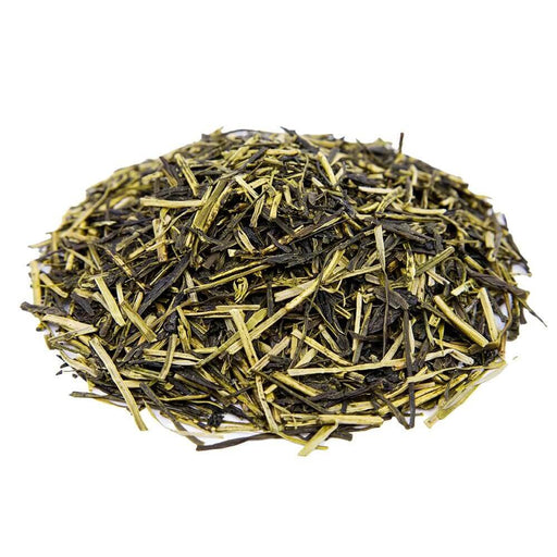 Side mound picture of The Whistling Kettle Kukicha green tea with light and dark green stems.