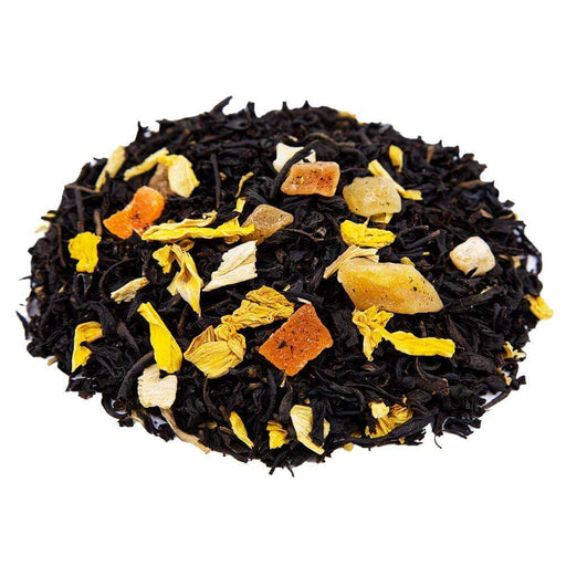 Side mound picture of The Whistling Kettle Mango Passionfruit black tea with dried fruit cubes and marigold petals.