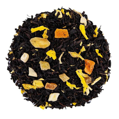 Top mound picture of The Whistling Kettle Mango Passionfruit black tea with dried fruit cubes and marigold petals.