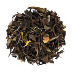 Top mound picture of The Whistling Kettle Mango Pear white tea with dried fruits.
