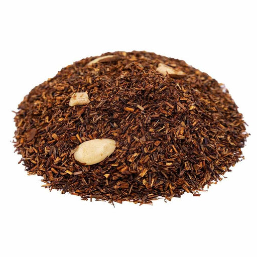 Side mound picture of The Whistling Kettle Marzipan Rooibos tea with sliced almonds.