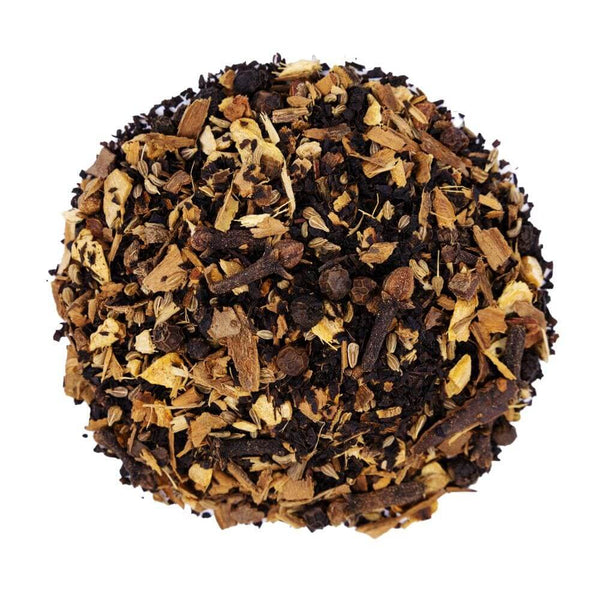 Top mound picture of The Whistling Kettle Masala Chai black tea with spices.