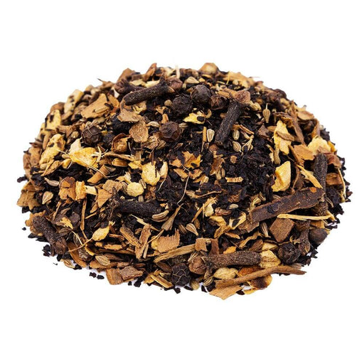 Side mound picture of The Whistling Kettle Masala Chai black tea with spices.
