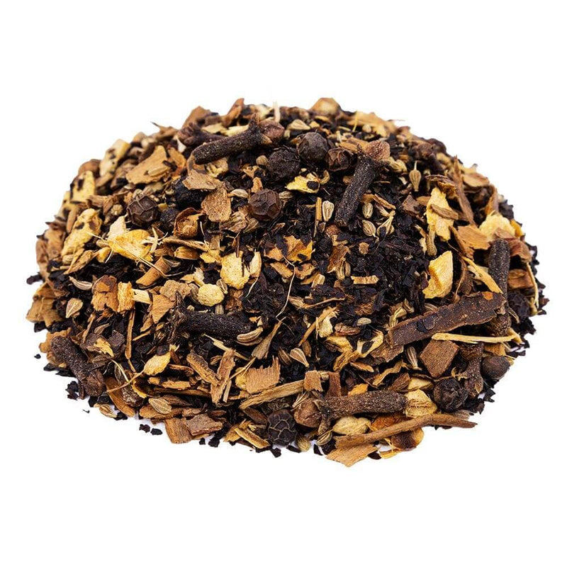 Side mound picture of The Whistling Kettle Masala Chai black tea with spices.