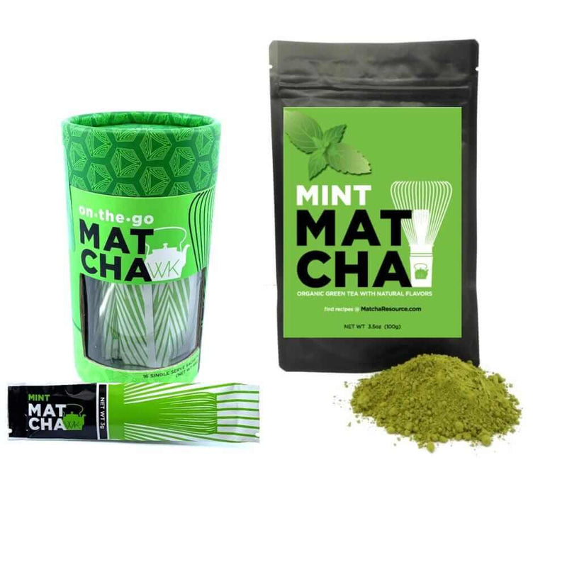 3.5 oz bag of organic naturally flavored peppermint matcha next to a canister of peppermint matcha sachets.